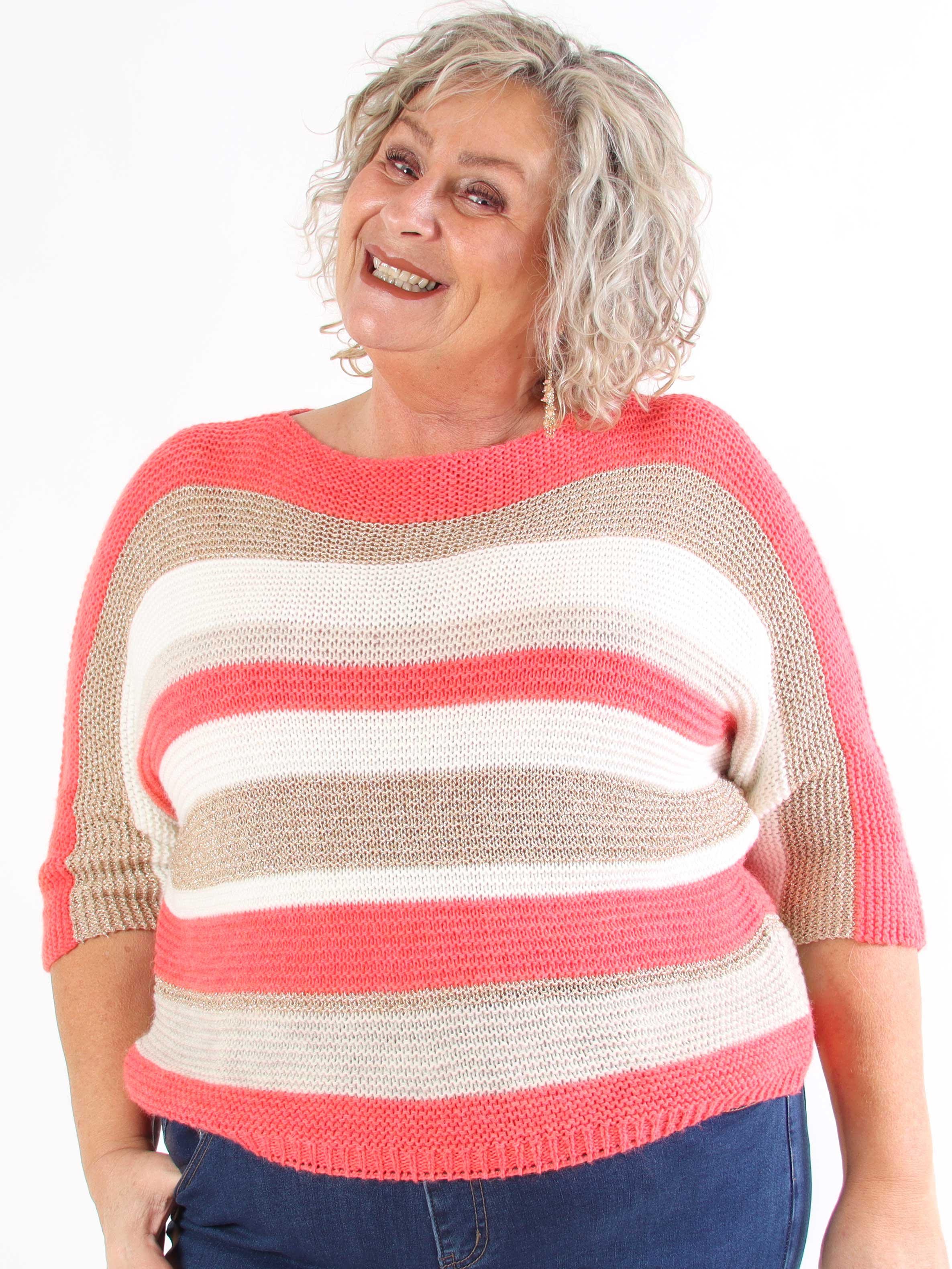 Nina - Plus size strikbluse med uld og guld striber